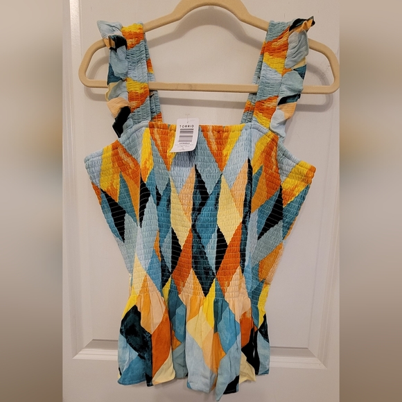 Torrid Peplum Crinkle Gauze Smocked Tank Geo Multi Sz 1X 14-16 - Picture 7 of 10